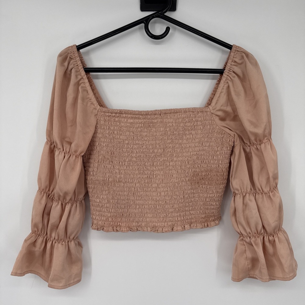 Free People Intimately Ruffle Crop Blouse‎ Pink Puff Sleeve Large Boho Peasant